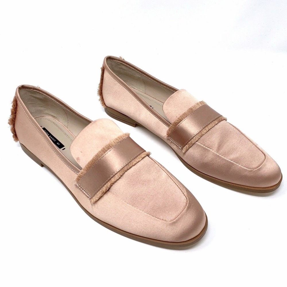 Zara Pink Satin Flats Frayed Loafers - Picture 2 of 8